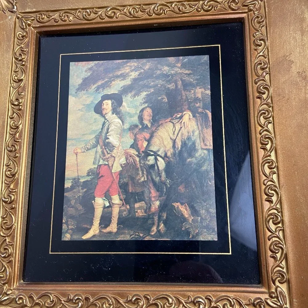 Vintage Painting reproduction Victorian era Men Horse Framed Gold Patina